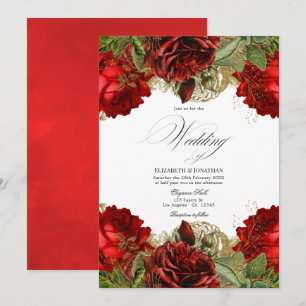 Convite Casamento de Rosas Vermelhas Bordô e Douradas Vint