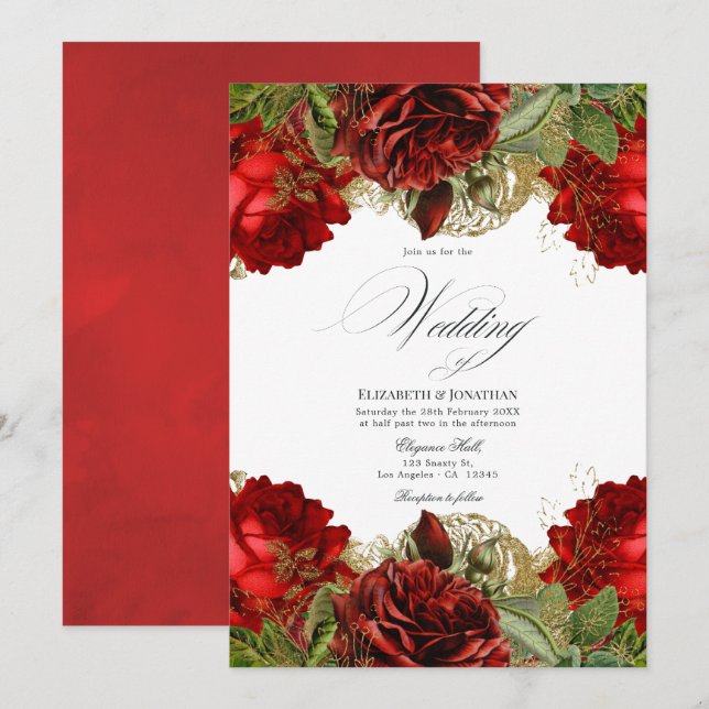 Convite Casamento de Rosas Vermelhas Bordô e Douradas Vint (Frente/Verso)