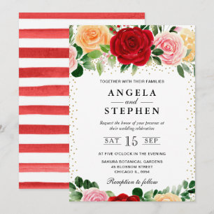 Convite Casamento de Rosas Vermelhas e Amarelas em Aquarel
