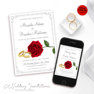 Convite Casamento de Rosas vermelhas e anéis elegantes