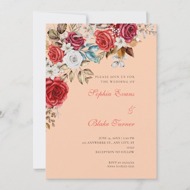 Convite Casamento de Rosas Vermelhas e Brancas Laranja Apr (Frente)