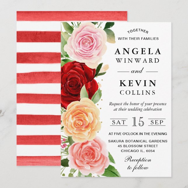 Convite Casamento de Rosas Vermelhas e Laranjas em Aquarel (Frente/Verso)