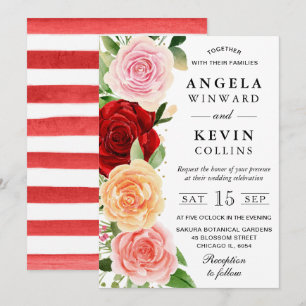 Convite Casamento de Rosas Vermelhas e Laranjas em Aquarel