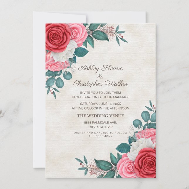 Convite Casamento de Rosas Vermelhas e Rosas Elegantes (Frente)