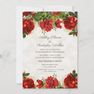Convite Casamento de Rosas Vermelhas Elegantes Vintage
