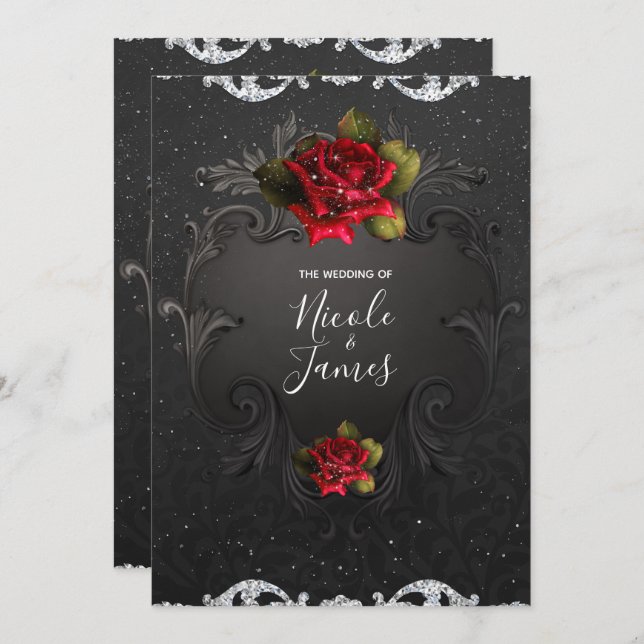 Convite Casamento de Rosas vermelhas Ornamentais de Black  (Frente/Verso)