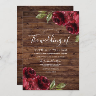 Convite Casamento de Rosas vermelhas Rustic Romantic Burgu