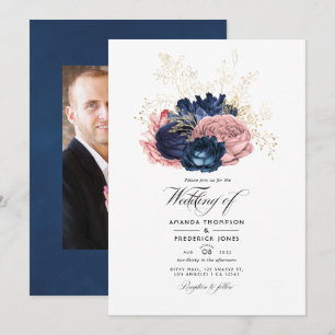 Convite Casamento de Rosas Vintage Rosa e Azul Marinho em