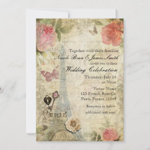 Convite Casamento de Roses Cor-de-rosa Vintage Paris com F