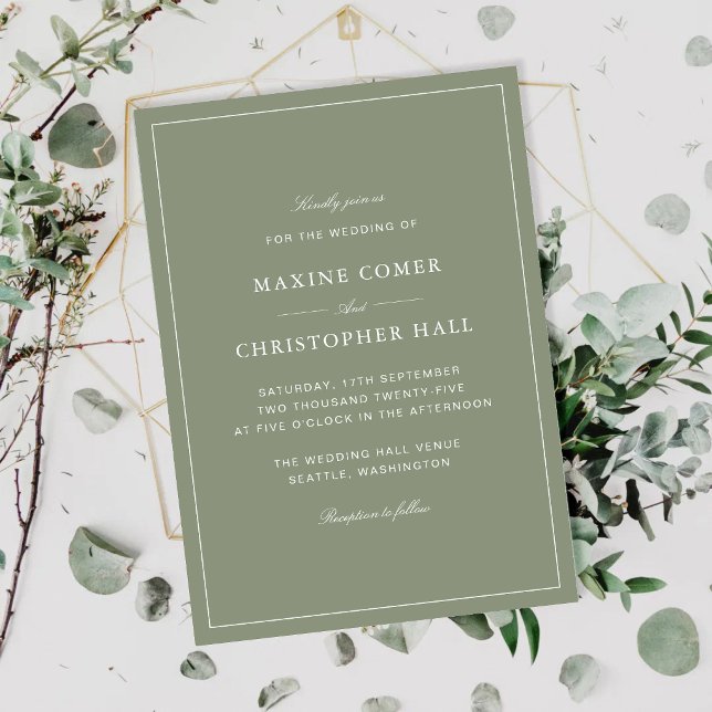 Convite Casamento de Roteiro Verde Clássico Empoeirado (Classic dusty green script wedding invitations set a timeless tone for your special day.)
