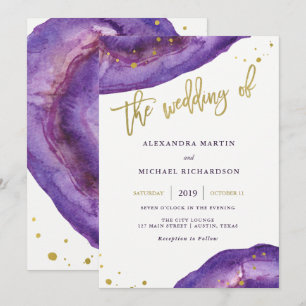 Convite Casamento de Roxo e Geodo Dourado com Aquarela