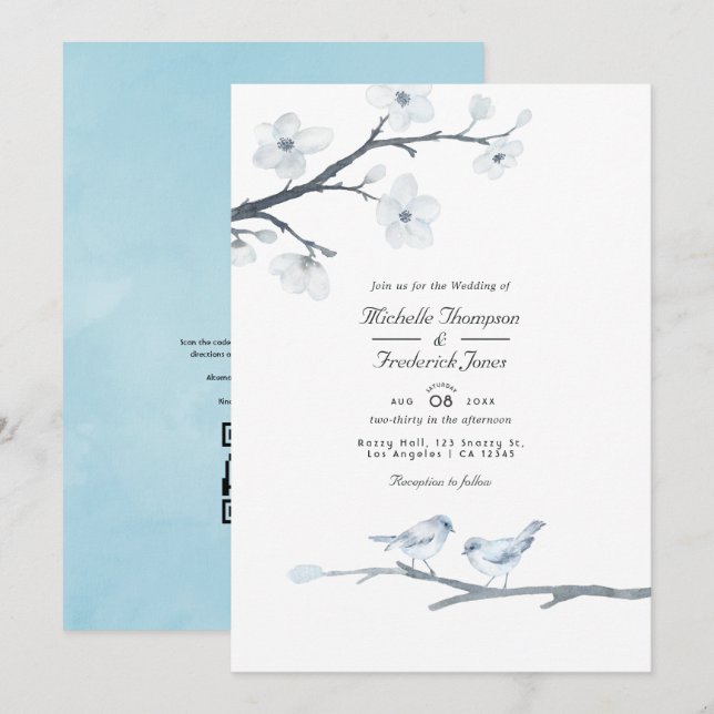 Convite Casamento de RSVP com Código QR de Flores de Cerej (Frente/Verso)