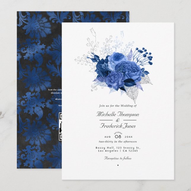 Convite Casamento de RSVP com Código QR Floral Azul Real e (Frente/Verso)