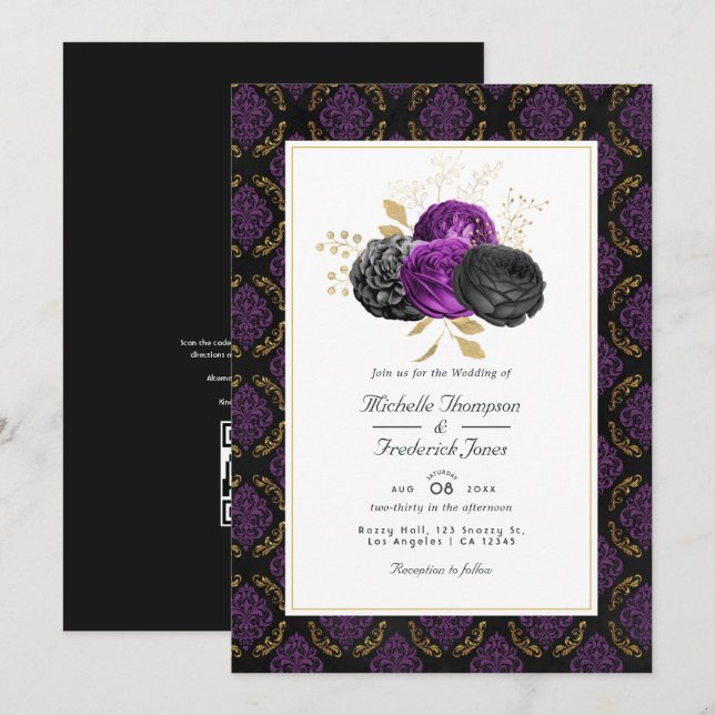 Convite Casamento de RSVP com Código QR Floral Gótico Vint (Frente/Verso)