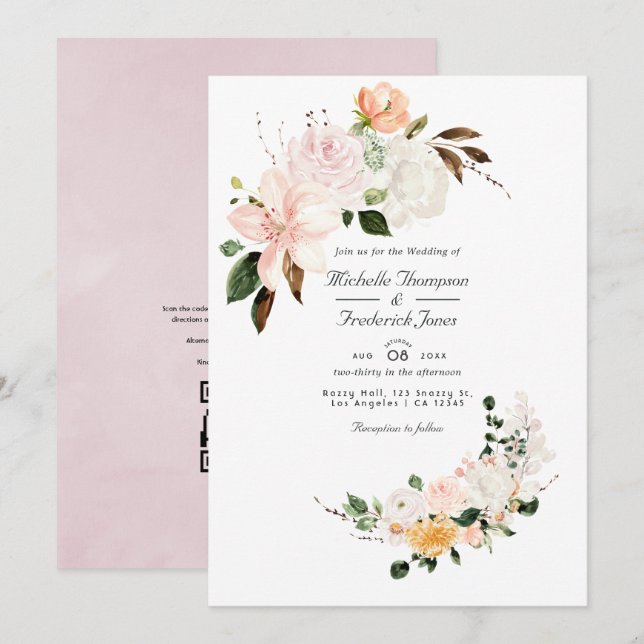 Convite Casamento de RSVP com Código QR Floral Rosa Pastel (Frente/Verso)