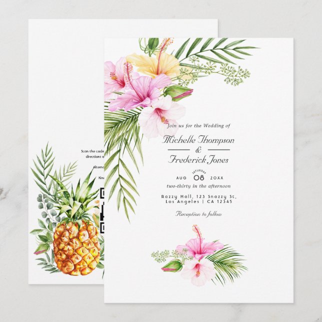Convite Casamento de RSVP com Código QR Floral Tropical Al (Frente/Verso)