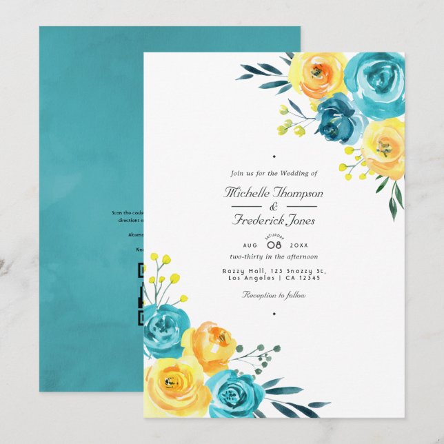 Convite Casamento de RSVP com Código QR Floral Turquesa e  (Frente/Verso)