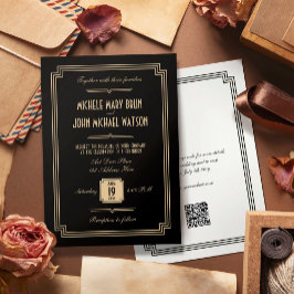 Convite Casamento de RSVP de Arte Negra Retroativa Deco QR