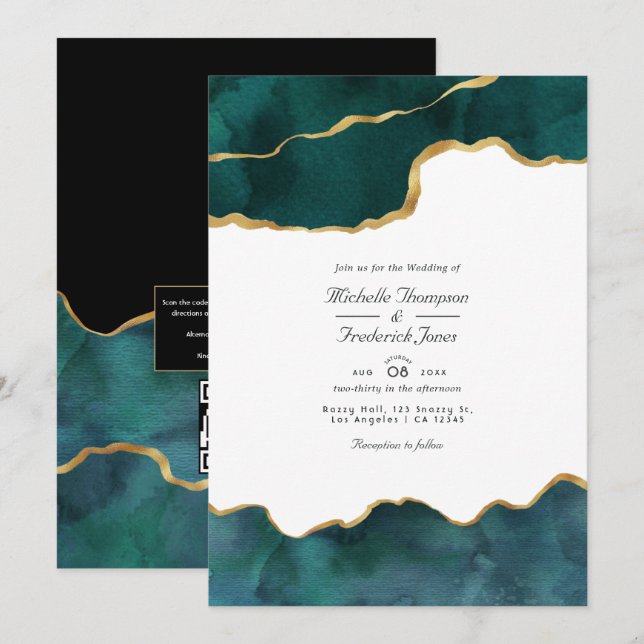 Convite Casamento de RSVP de Código QR de Ágata Geodo Teal (Frente/Verso)