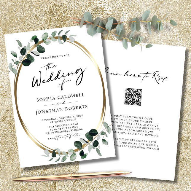 Convite Casamento de RSVP de Código QR de Caligrafia Eucal (WeddingInvitation-QRCodeRSVP-EuclyptusGoldOvalWhite)