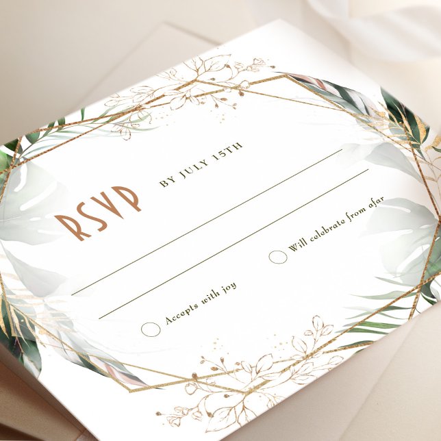 Convite Casamento de RSVP Monstera Inserir Verde e Dourado (Criador carregado)