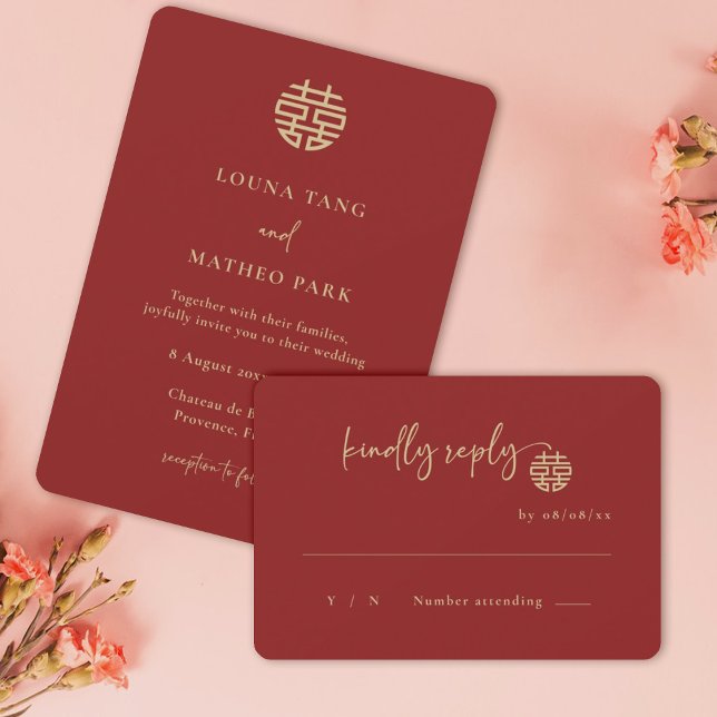 Convite Casamento de RSVP Vermelho Chinês Moderno e Minima (Criador carregado)