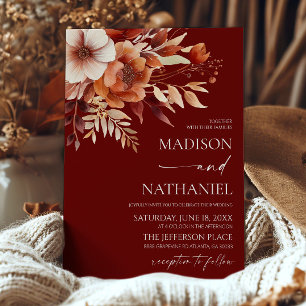 Convite Casamento de Rusty Burgundy Brown Floral Flower