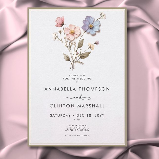 Convite Casamento de Sábado de Pastel Selvagens Pressionad (Modern Pressed Pastel Wildflowers Sage Wedding Invitation)