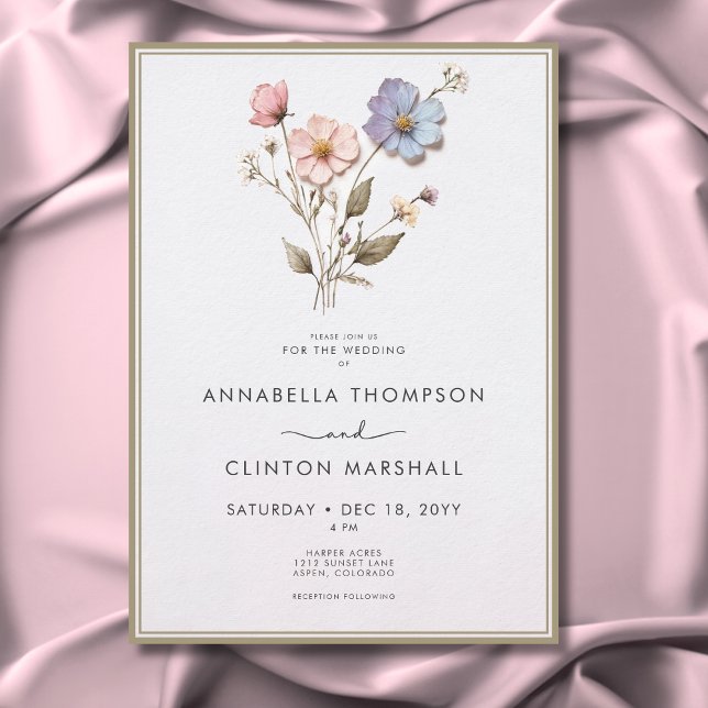 Convite Casamento de Sábado de Pastel Selvagens Pressionad (Modern Pressed Pastel Wildflowers Sage Wedding Invitation)