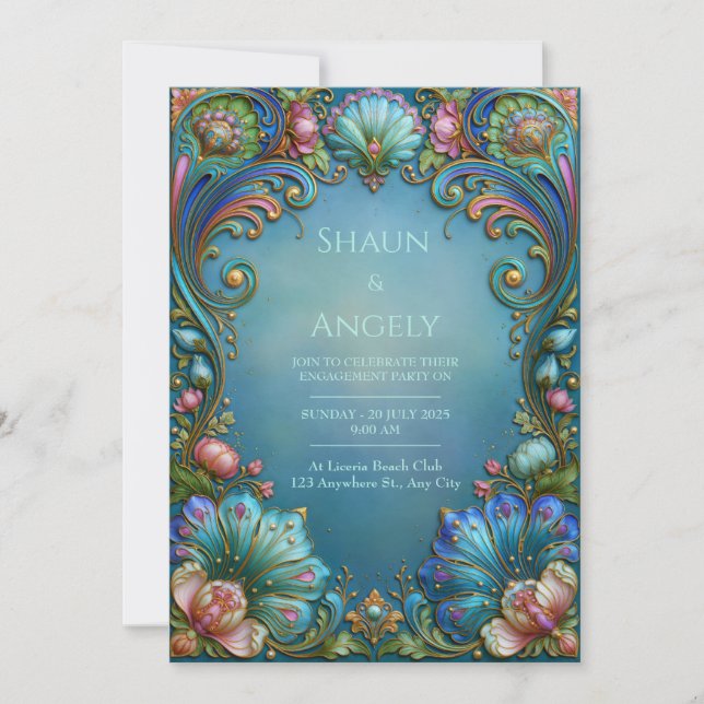 Convite Casamento de Safira Teal com Filigrana (Frente)