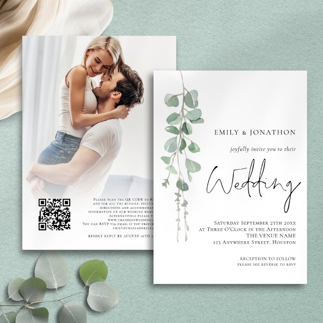 Convite Casamento de Sage com Imagens do Eucalyptus Modern (Front and back view)