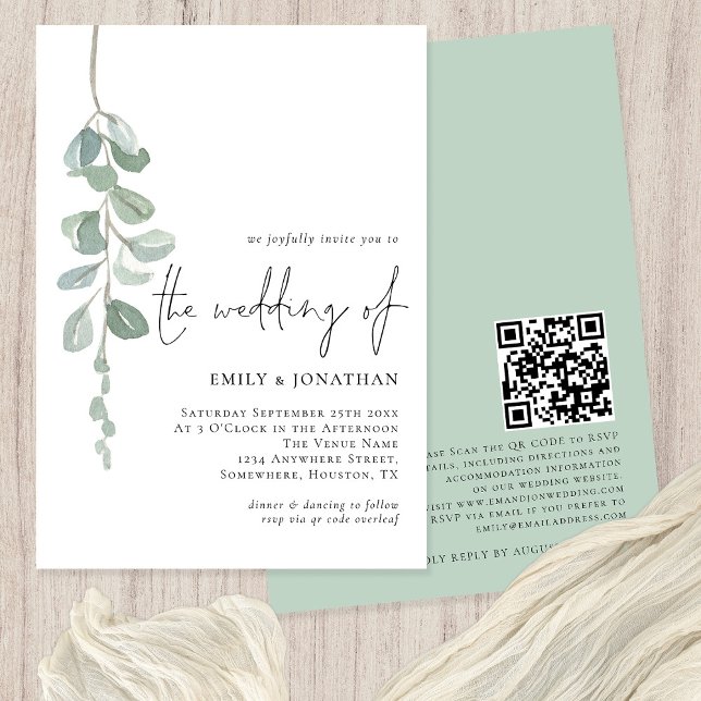 Convite Casamento de Sage do Código QR Eucalyptus com Aqua (Criador carregado)