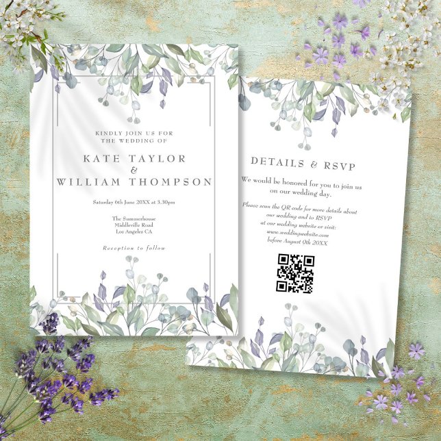 Convite Casamento De Sage Floral E Código QR Lilac (Floral Sage And Lilac QR Code Wedding Invitation)
