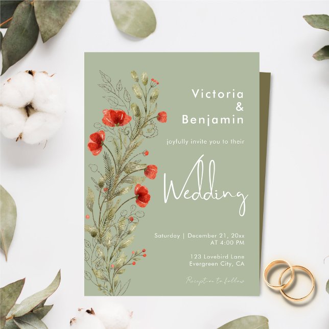 Convite Casamento de Sage Floral Floral de Simples Aquarel (Simple Rustic Watercolor Floral Boho Sage Green Invitation )