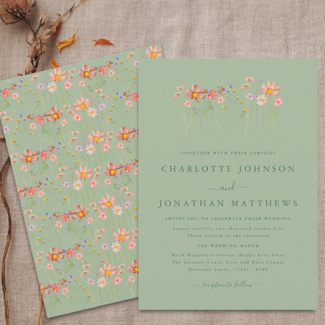Convite Casamento de Sage Green Boho Rustic Wildflower Gar (Boho fall Wildflower sage green floral Wedding invitation Watercolor flowers elegant modern design)