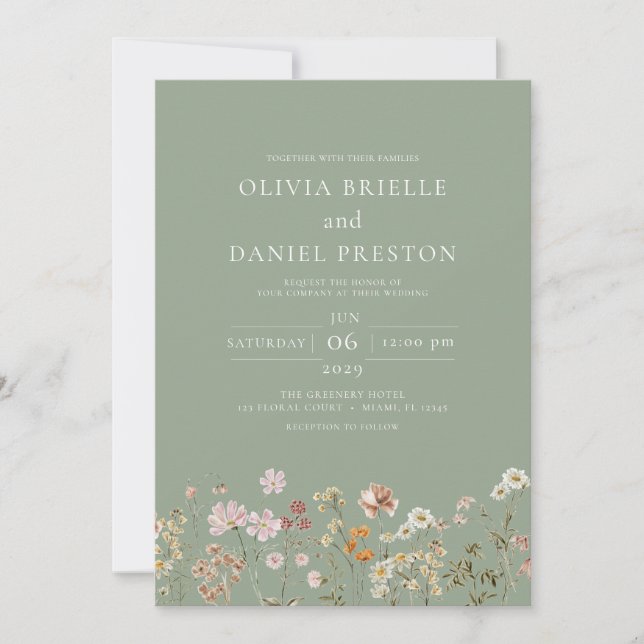 Convite Casamento de Sage Green Boho Wildflower (Frente)