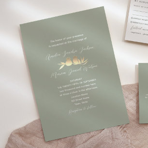 Convite Casamento de Sage Green Dourado Lovebird