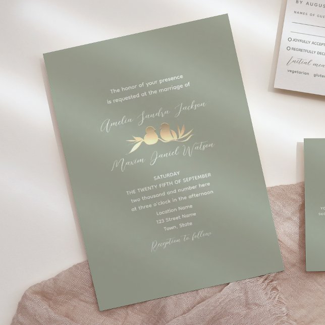 Convite Casamento de Sage Green Dourado Lovebird (Criador carregado)