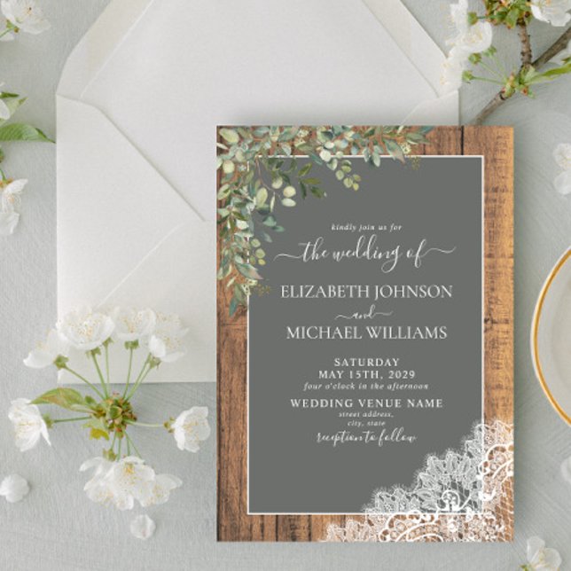 Convite Casamento de Sage Green Eucalyptus Wood Lace (Criador carregado)