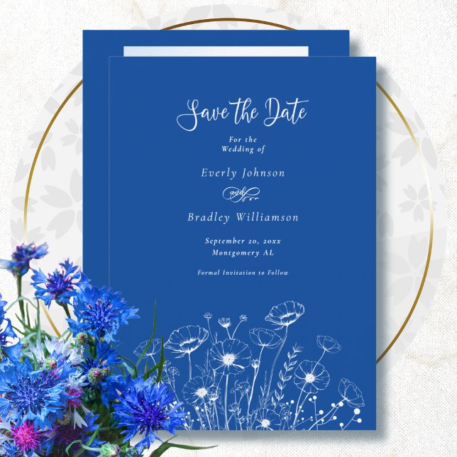 Convite Casamento de Salvar a Data Flor Silvestre Azul e B (Criador carregado)