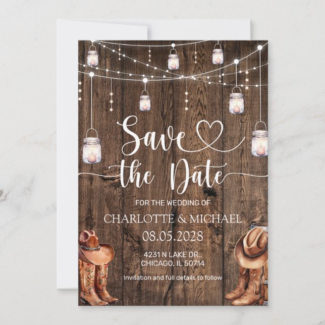 Convite Casamento de Salvar a Data Western Rústico (Frente)