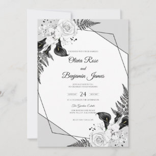 Convite Casamento de Samambaia Preto e Branco