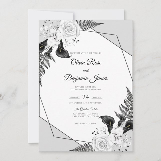 Convite Casamento de Samambaia Preto e Branco (Frente)