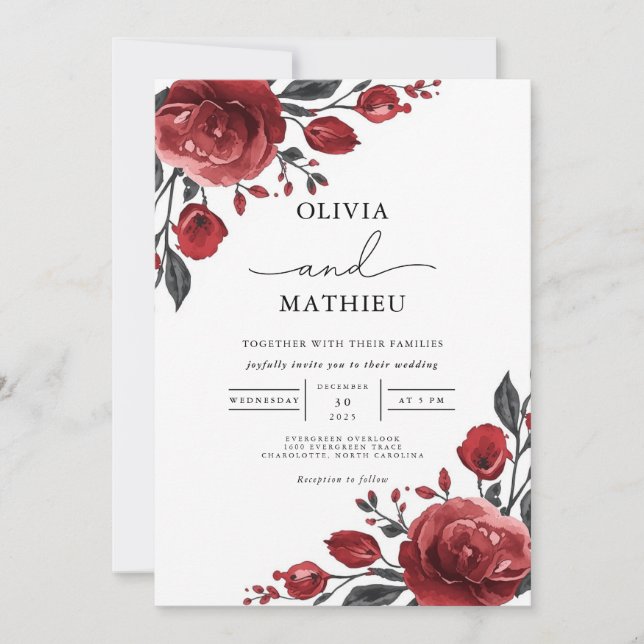 Convite Casamento de Sangue de Rosa vermelha Profunda (Frente)