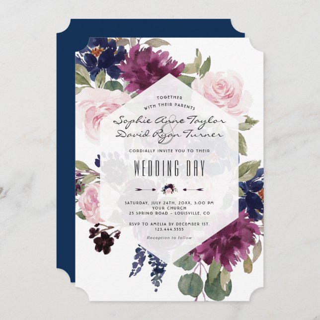 Convite Casamento de Sangue Floral Azul-Lavanda Romântico (Frente/Verso)