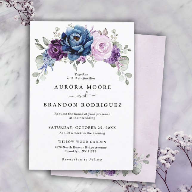 Convite Casamento de Sangue Lilac Marinho Roxo Dusty Blue (Dusty Blue Purple Navy Lilac Blooms Wedding invitation)