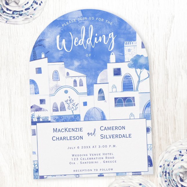 Convite Casamento de Santorini Watercolor (Santorini watercolor art arched wedding invitation)