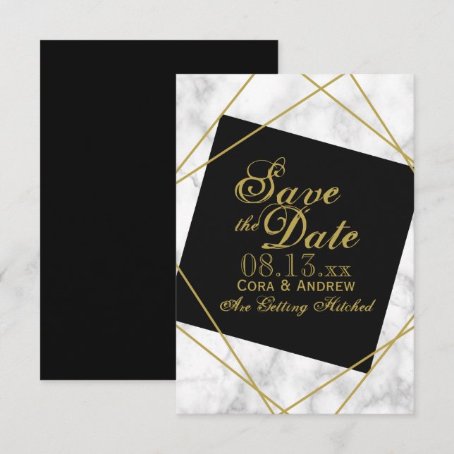 Convite Casamento de Save the Date Preto de Mármore e Dour (Frente/Verso)