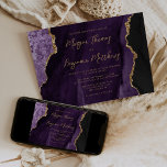Convite Casamento de Script Agate Dourado Roxo<br><div class="desc">Este elegante convite de casamento moderno apresenta uma cor d'água roxa,  cor d'água,  que é aparada com uma falso brilho dourado. O texto personalizável combina um script moderno de cor dourada,  fontes copperplate e itálico. O verso apresenta um design de agate roxo e dourado correspondente.</div>