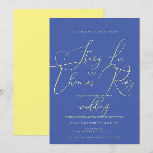 Convite Casamento de Script Azul Amarelo-Brilhante Moderno (Frente/Verso)